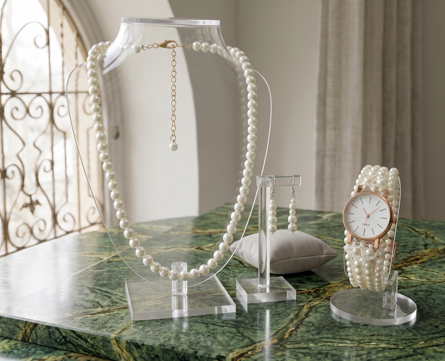 Pearl Studded & Beaded Jewellery Set with watch